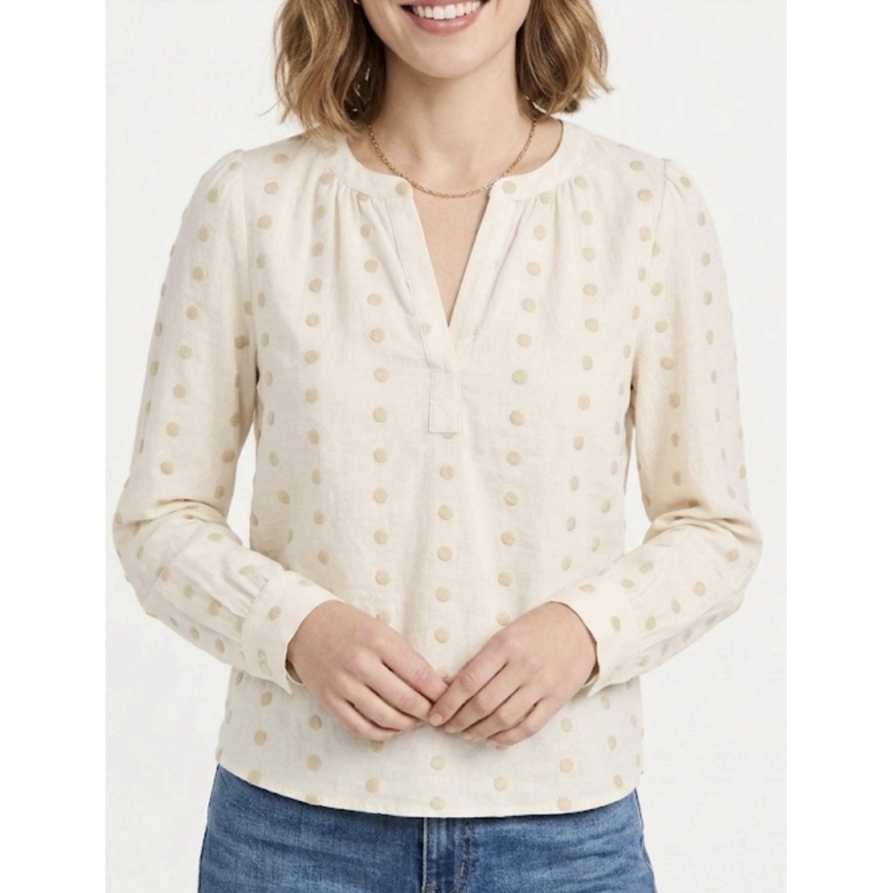 LOFT Cream Peasant Blouse Gold Metallic Polka Dot Long Bishop Sleeve Split V Sm